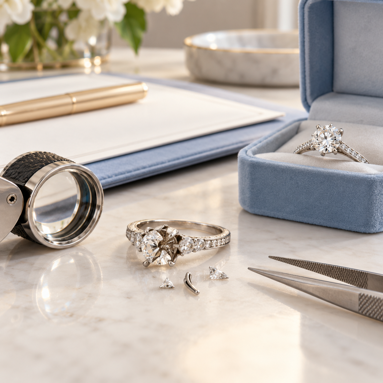 Jewellery and assessment tools arranged for a valuation