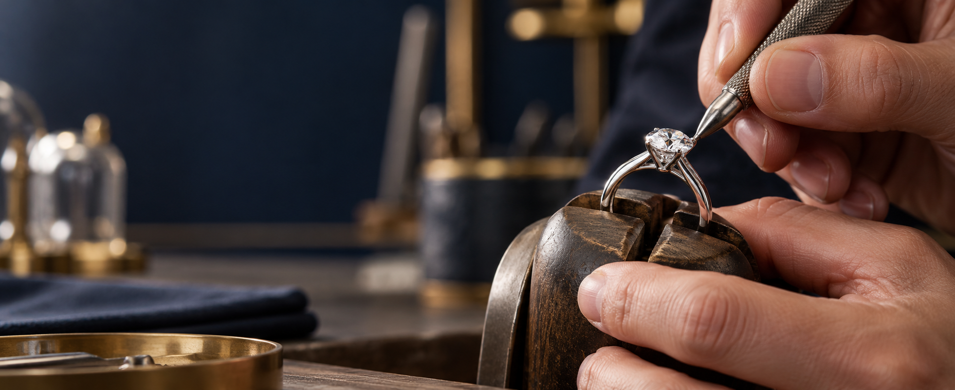 Precision diamond setting work at a jeweller's bench